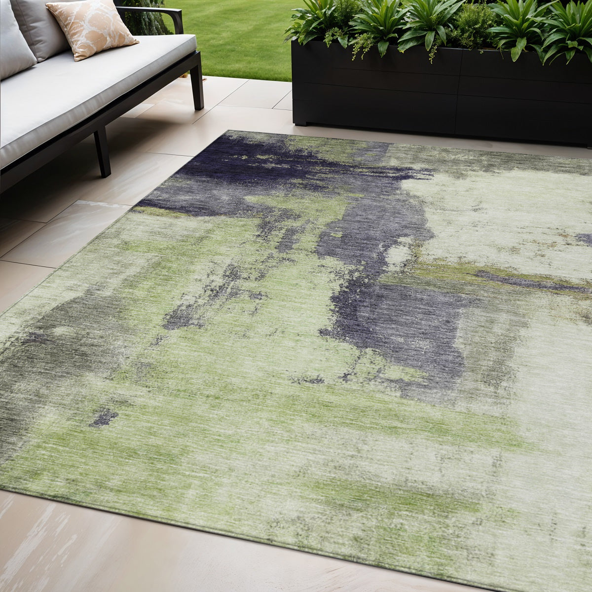 5' X 8' Fern Green Gray And Black Abstract Washable Indoor Outdoor Area Rug