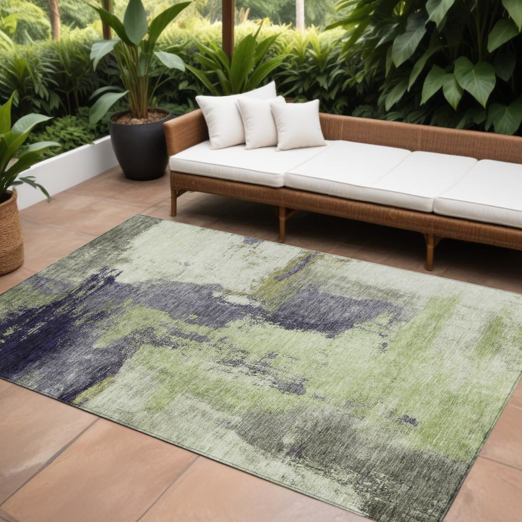 9' X 12' Fern Green Gray And Black Abstract Washable Indoor Outdoor Area Rug