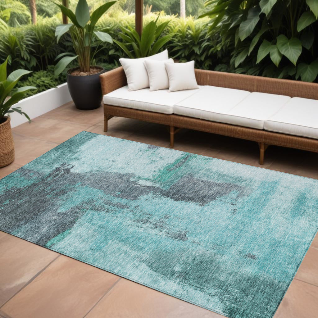9' X 12' Teal Blue And Charcoal Abstract Washable Indoor Outdoor Area Rug