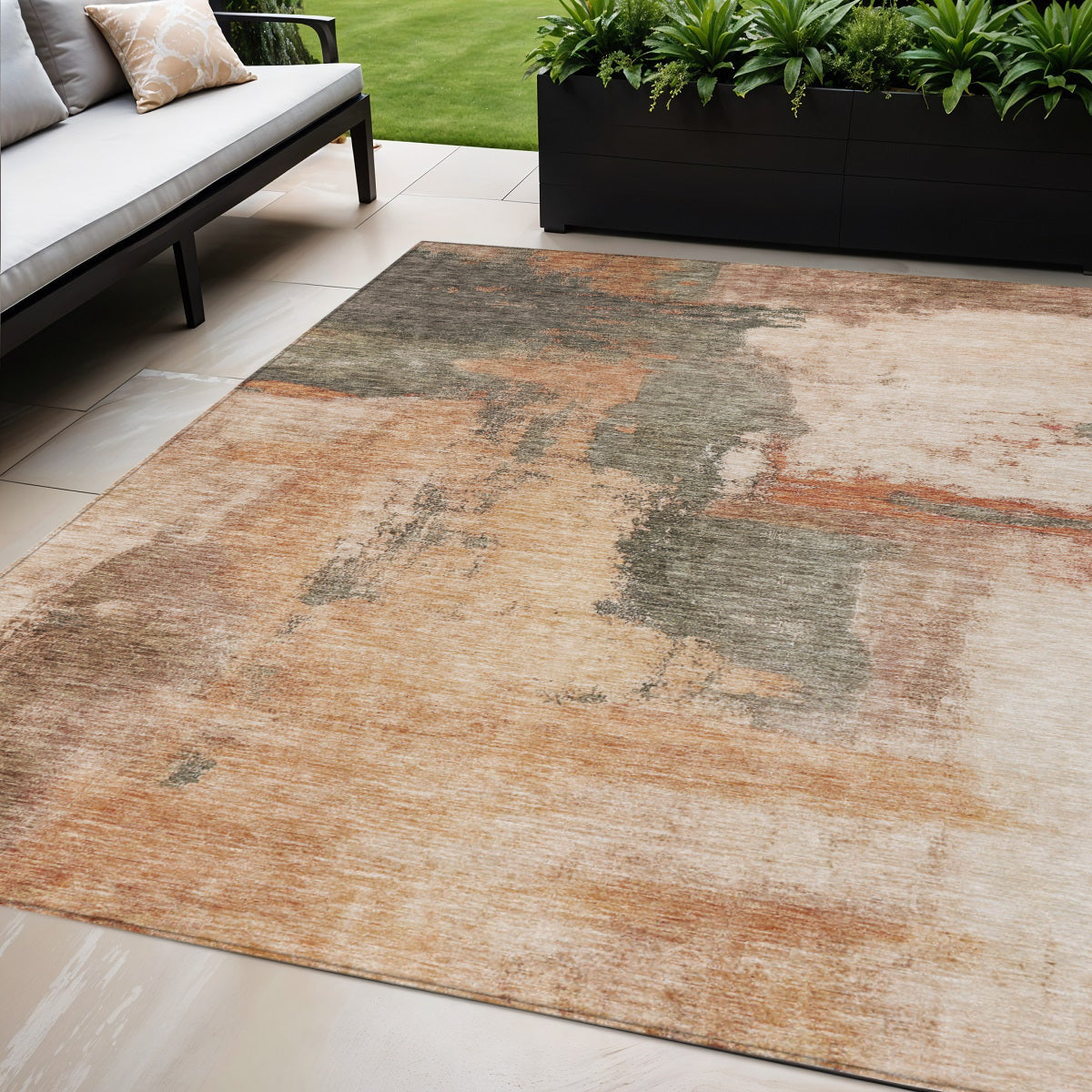 5' X 8' Terra Cotta Gray And Brown Abstract Washable Indoor Outdoor Area Rug