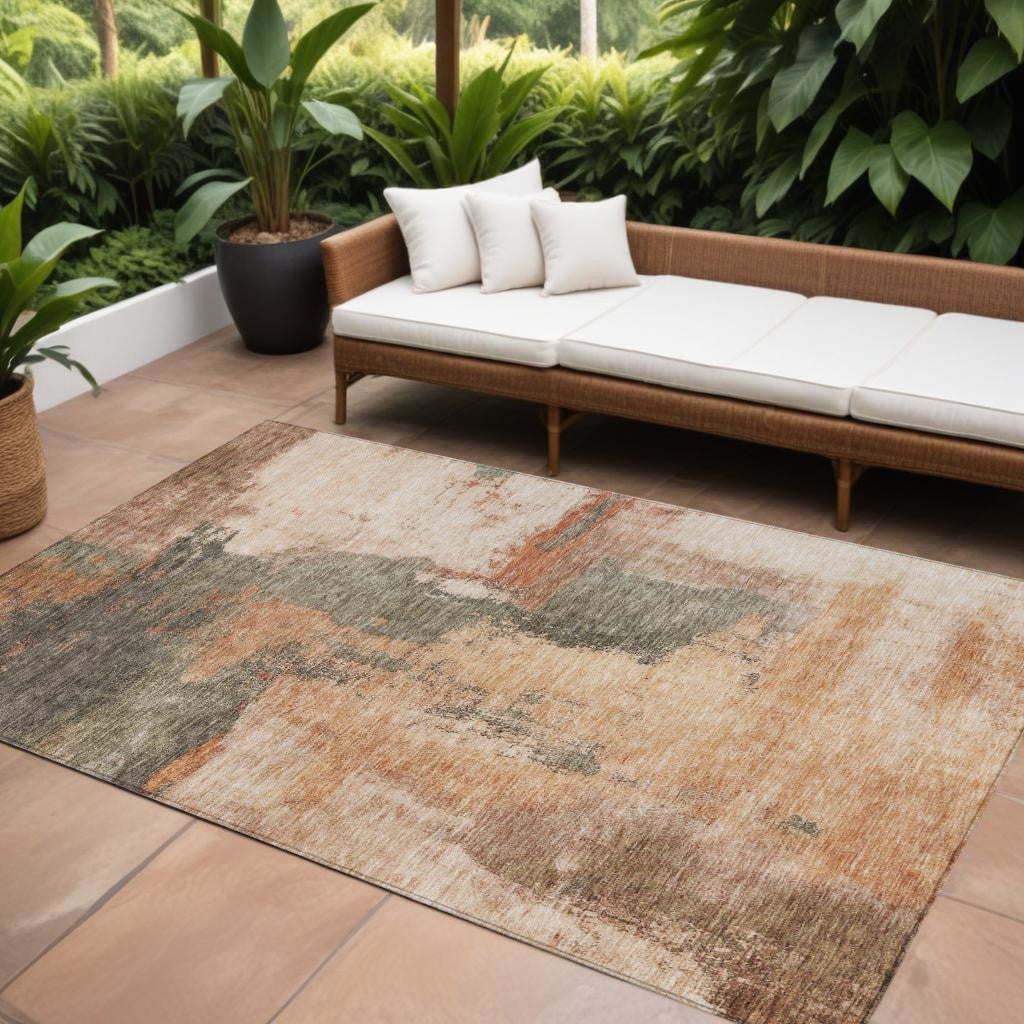 10' X 14' Terra Cotta Gray And Brown Abstract Washable Indoor Outdoor Area Rug