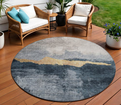 8' Blue Gray And Gold Round Abstract Washable Indoor Outdoor Area Rug