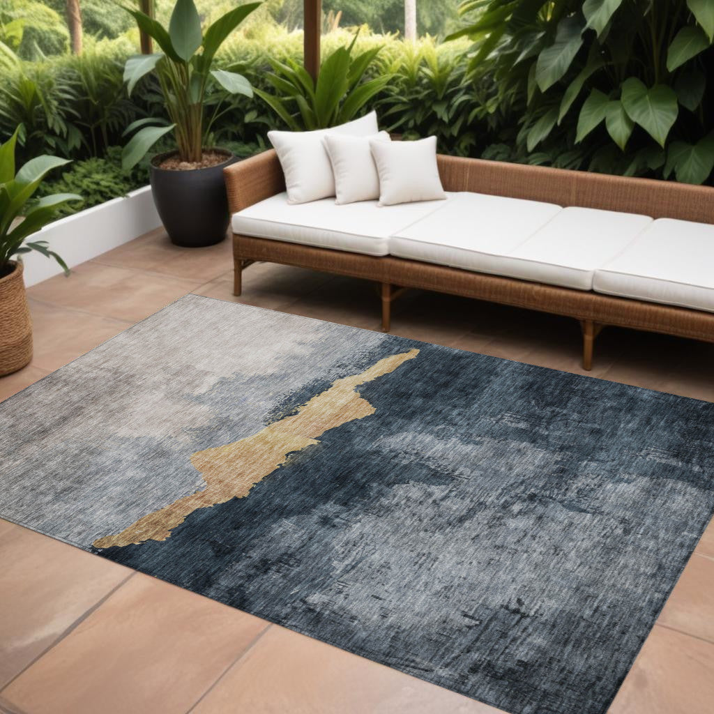 10' X 14' Blue Gray And Gold Abstract Washable Indoor Outdoor Area Rug