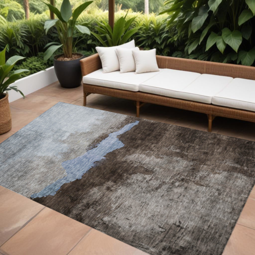5' X 8' Chocolate Gray And Blue Abstract Washable Indoor Outdoor Area Rug