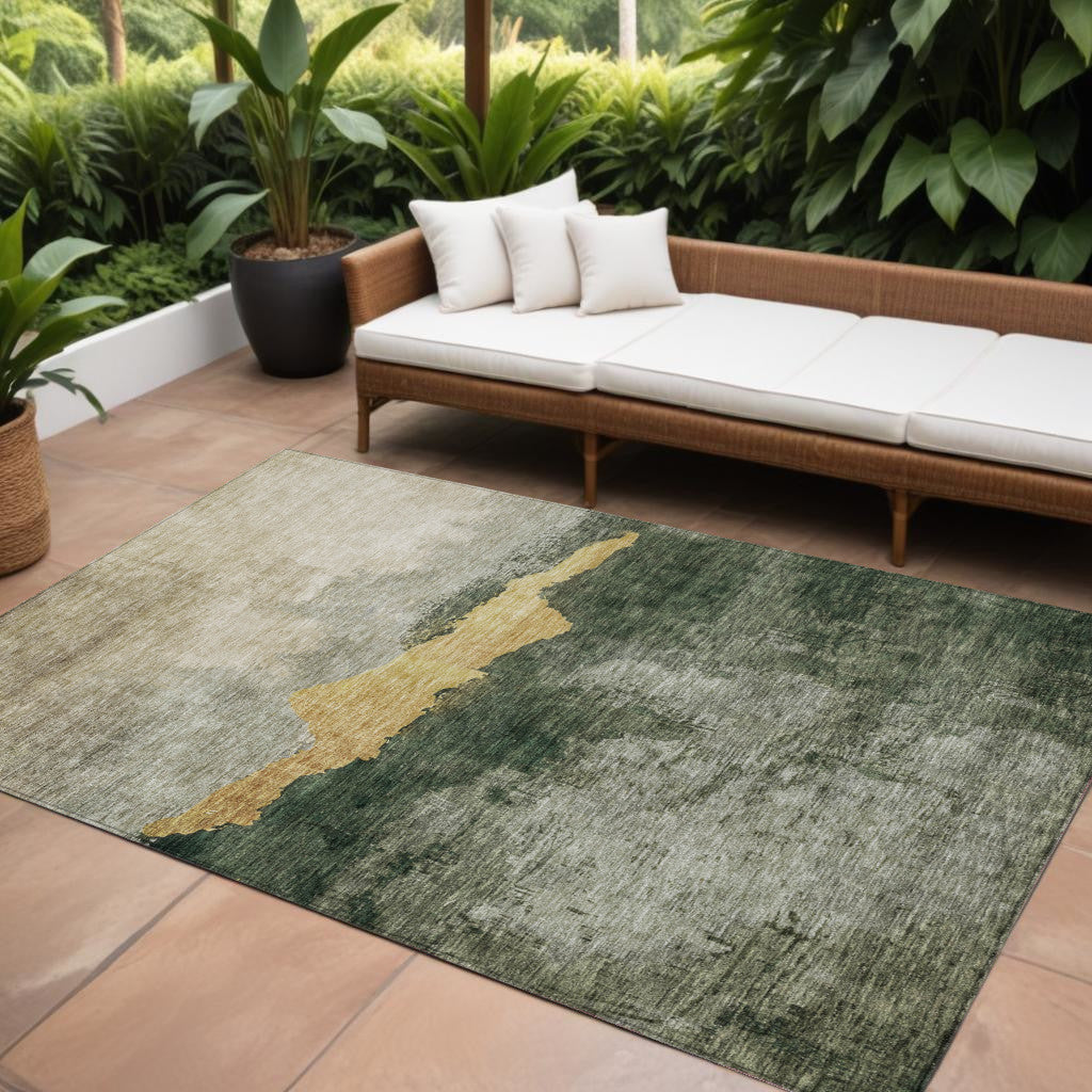 9' X 12' Fern Green Gold And Gray Abstract Washable Indoor Outdoor Area Rug