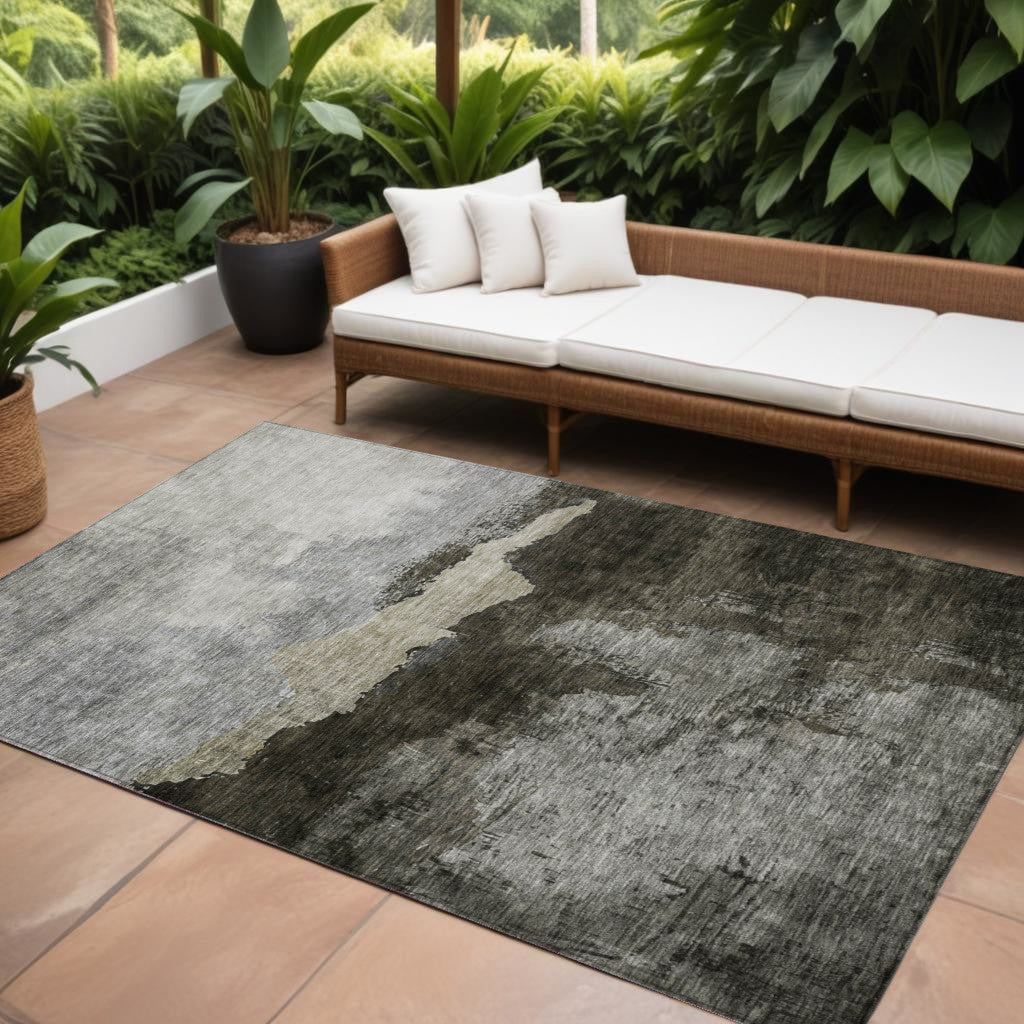 9' X 12' Taupe Gray And Black Abstract Washable Indoor Outdoor Area Rug