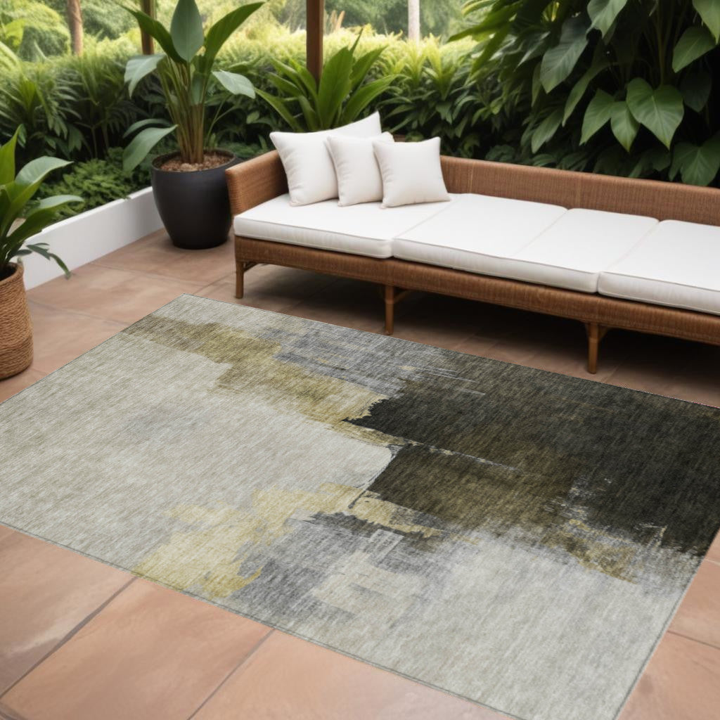 5' X 8' Khaki Light Green And Black Abstract Washable Indoor Outdoor Area Rug