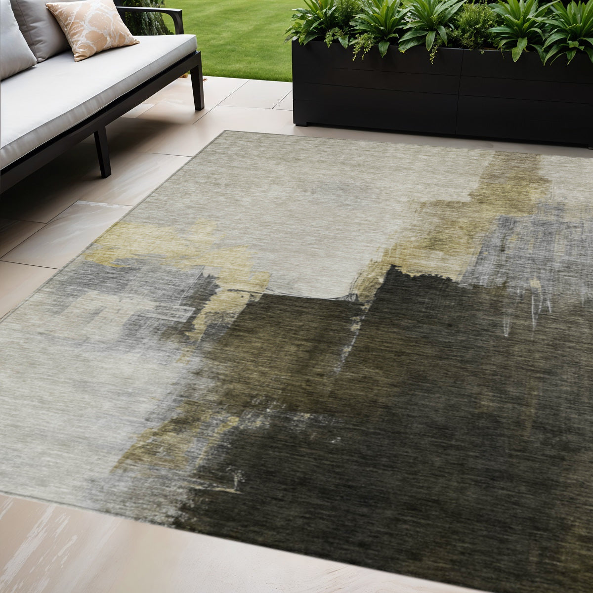 10' X 14' Khaki Light Green And Black Abstract Washable Indoor Outdoor Area Rug