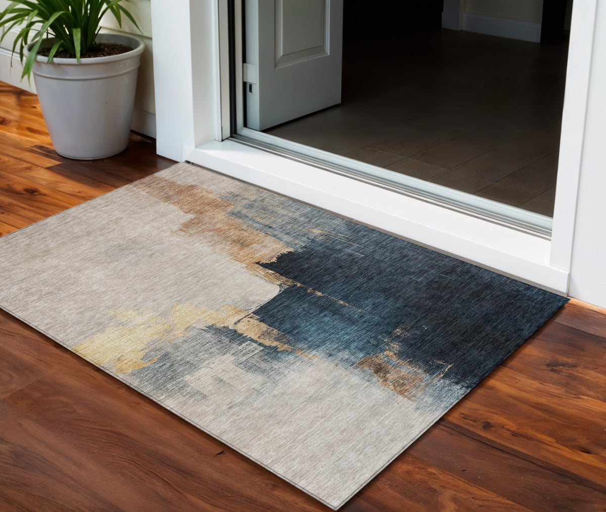 3' X 5' Taupe Black And Blue Abstract Washable Indoor Outdoor Area Rug