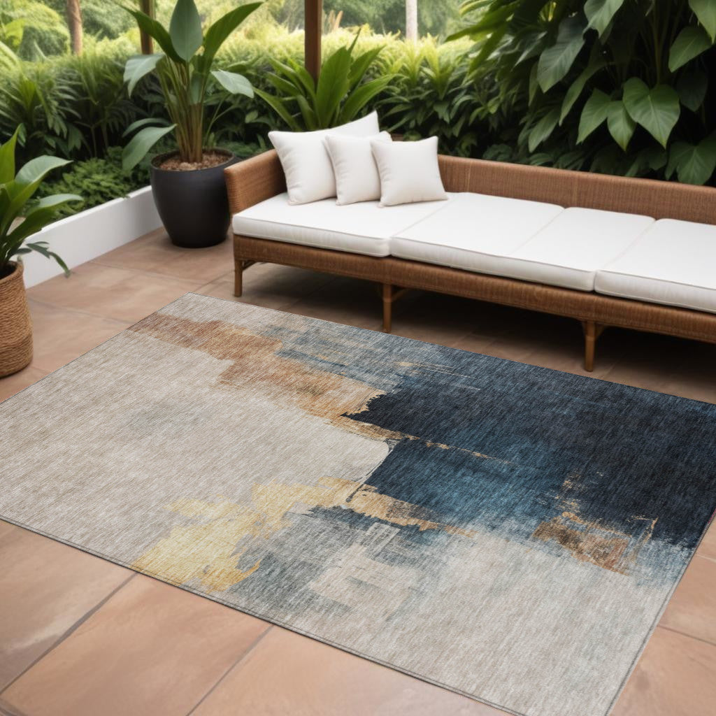 9' X 12' Taupe Black And Blue Abstract Washable Indoor Outdoor Area Rug