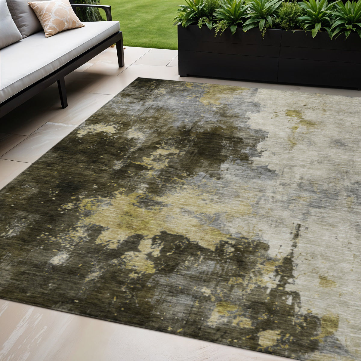 5' X 8' Brown Light Gray And Black Abstract Washable Indoor Outdoor Area Rug