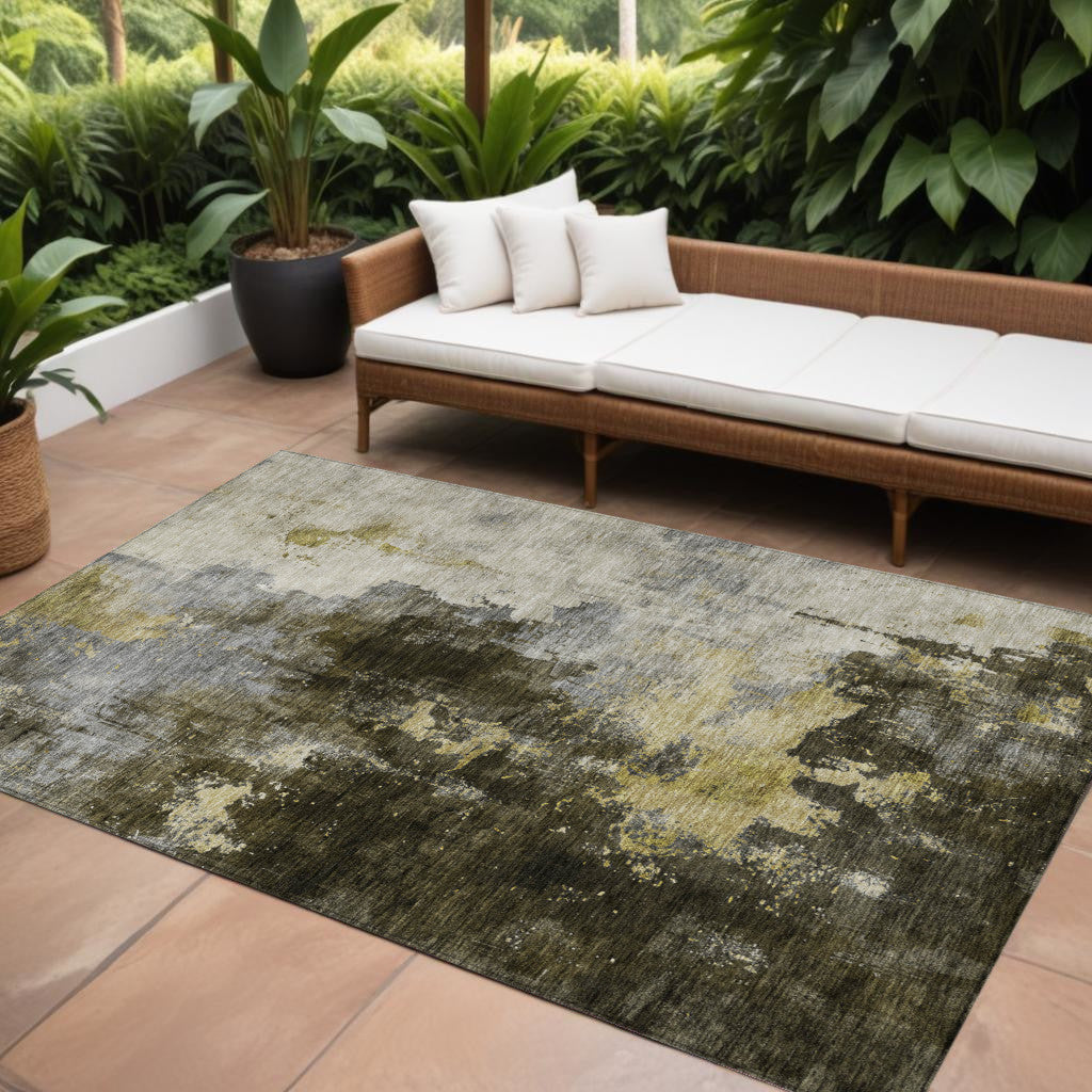 9' X 12' Brown Light Gray And Black Abstract Washable Indoor Outdoor Area Rug