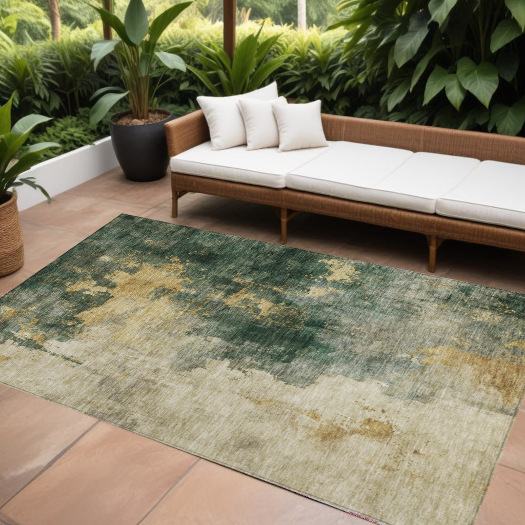 5' X 8' Fern Green And Gold Abstract Washable Indoor Outdoor Area Rug