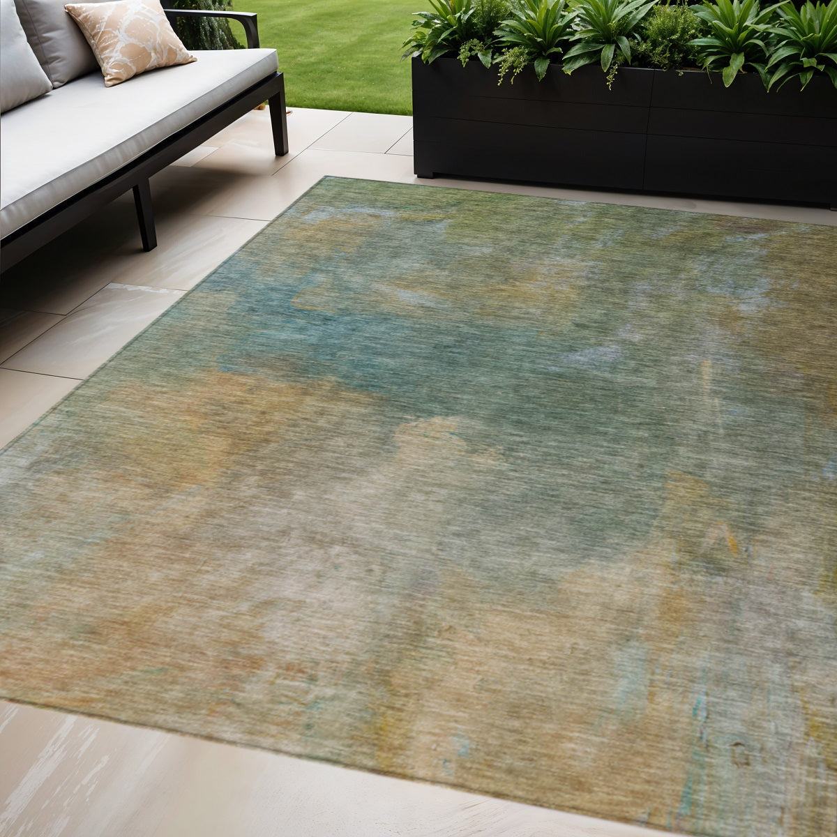10' X 14' Artichoke Green Gray And Gold Abstract Washable Indoor Outdoor Area Rug