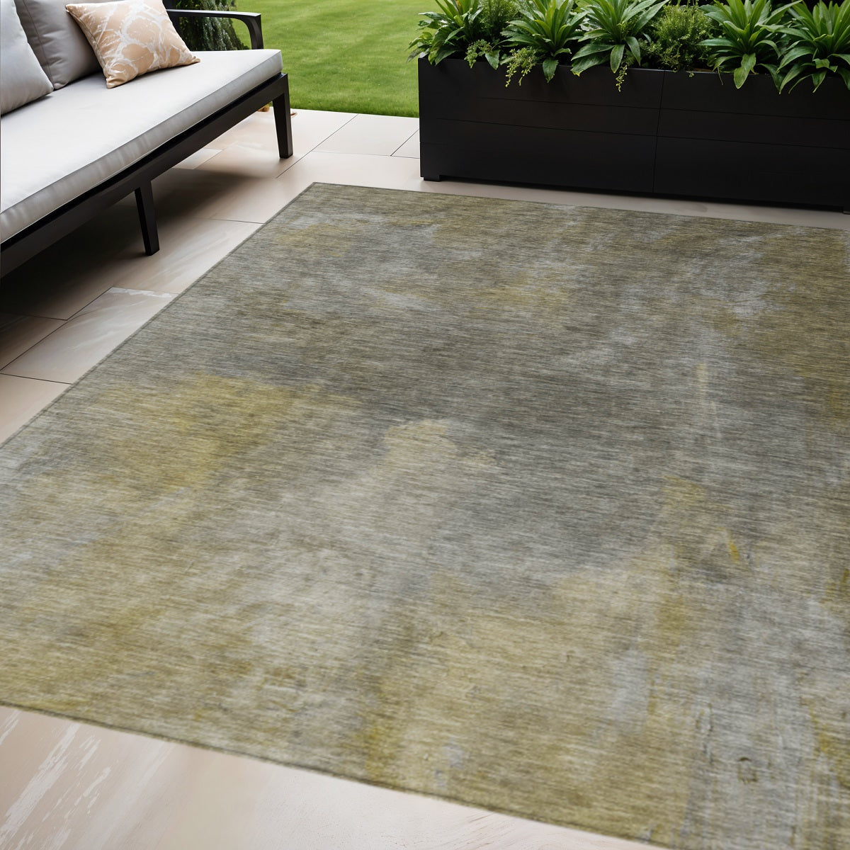 9' X 12' Pewter And Light Yellow Abstract Washable Indoor Outdoor Area Rug