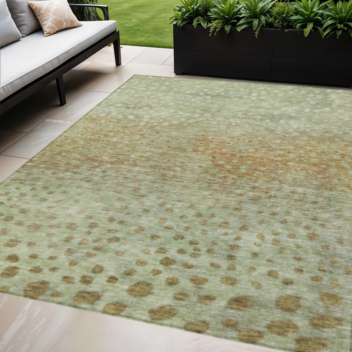 10' X 14' Artichoke Green Ivory And Brown Abstract Washable Indoor Outdoor Area Rug