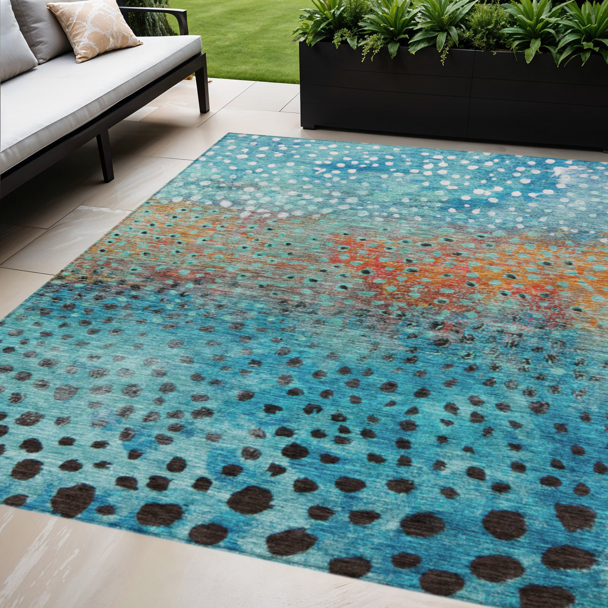 10' X 14' Blue Terra Cotta And Black Abstract Washable Indoor Outdoor Area Rug