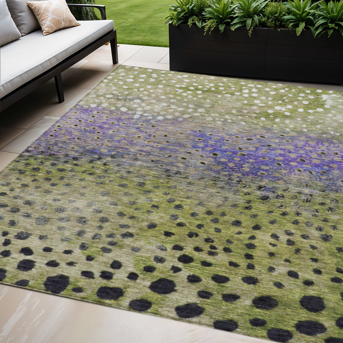9' X 12' Green Purple And Black Abstract Washable Indoor Outdoor Area Rug