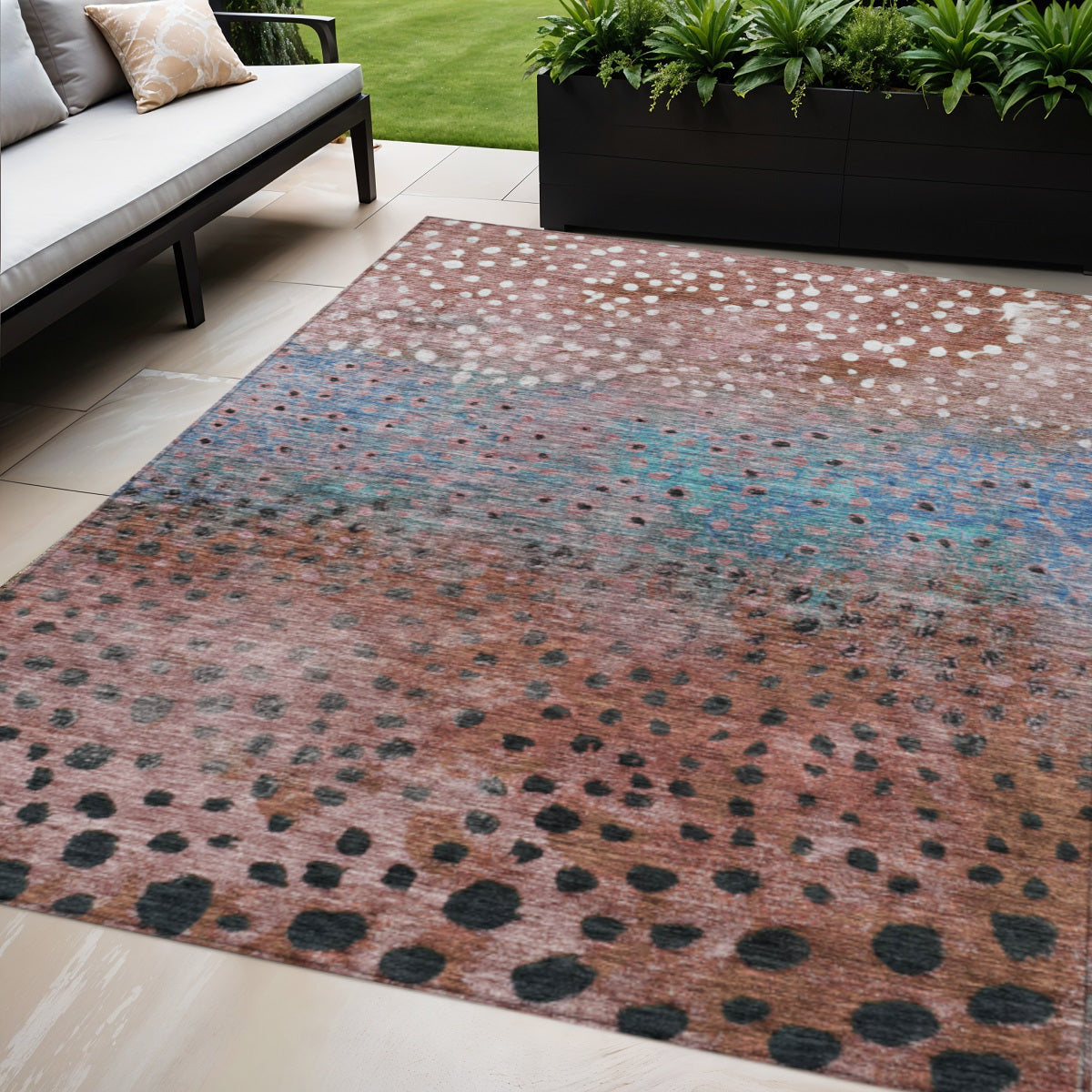 9' X 12' Terra Cotta Blue And Black Abstract Washable Indoor Outdoor Area Rug