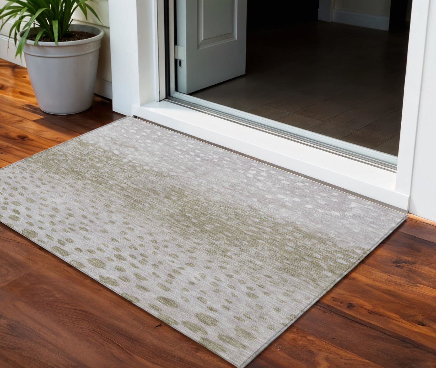 3' X 5' Taupe Green And Ivory Abstract Washable Indoor Outdoor Area Rug