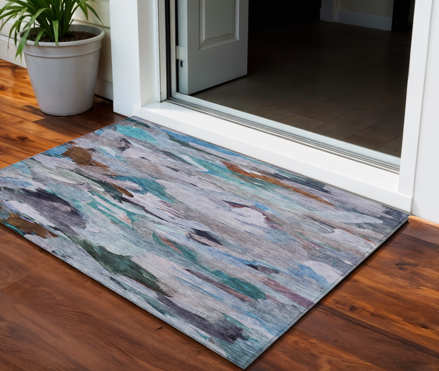 3' X 5' Blue Gray And Brown Abstract Washable Indoor Outdoor Area Rug