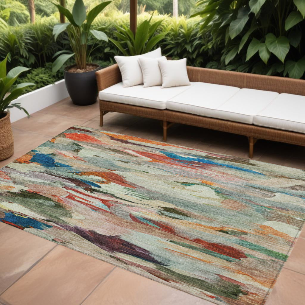 9' X 12' Green Teal Blue And Terra Cotta Abstract Washable Indoor Outdoor Area Rug