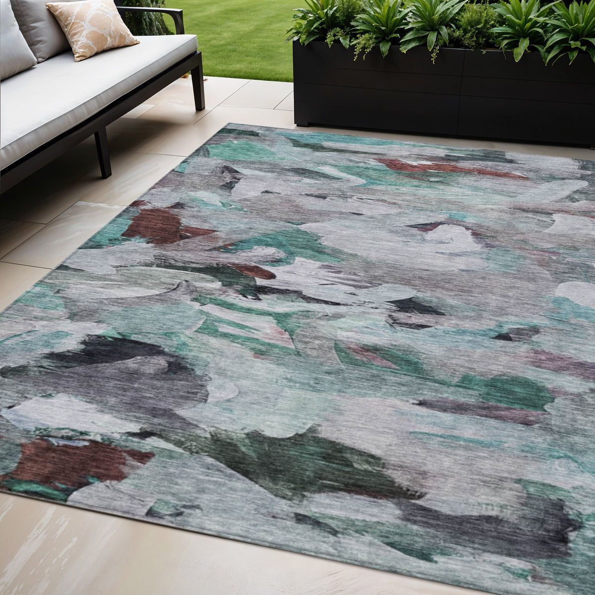 5' X 8' Teal Blue Gray And Brown Abstract Washable Indoor Outdoor Area Rug