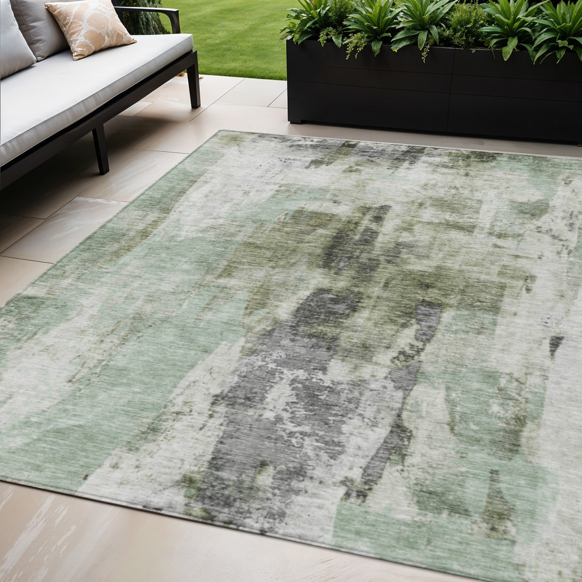 5' X 8' Mint Green Ivory And Gray Abstract Washable Indoor Outdoor Area Rug