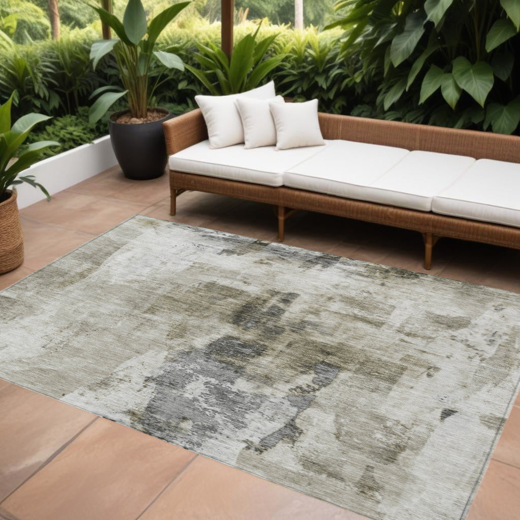 9' X 12' Taupe Ivory And Gray Abstract Washable Indoor Outdoor Area Rug