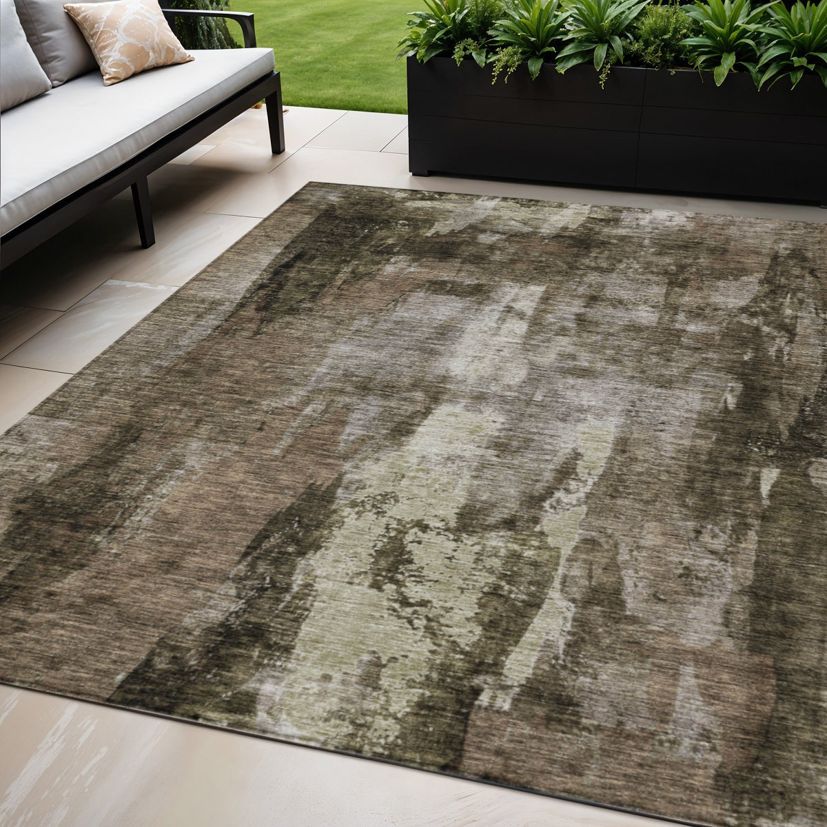 5' X 8' Brown Black And Beige Abstract Washable Indoor Outdoor Area Rug