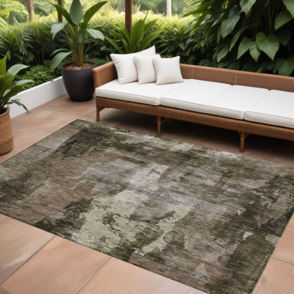 10' X 14' Brown Black And Beige Abstract Washable Indoor Outdoor Area Rug