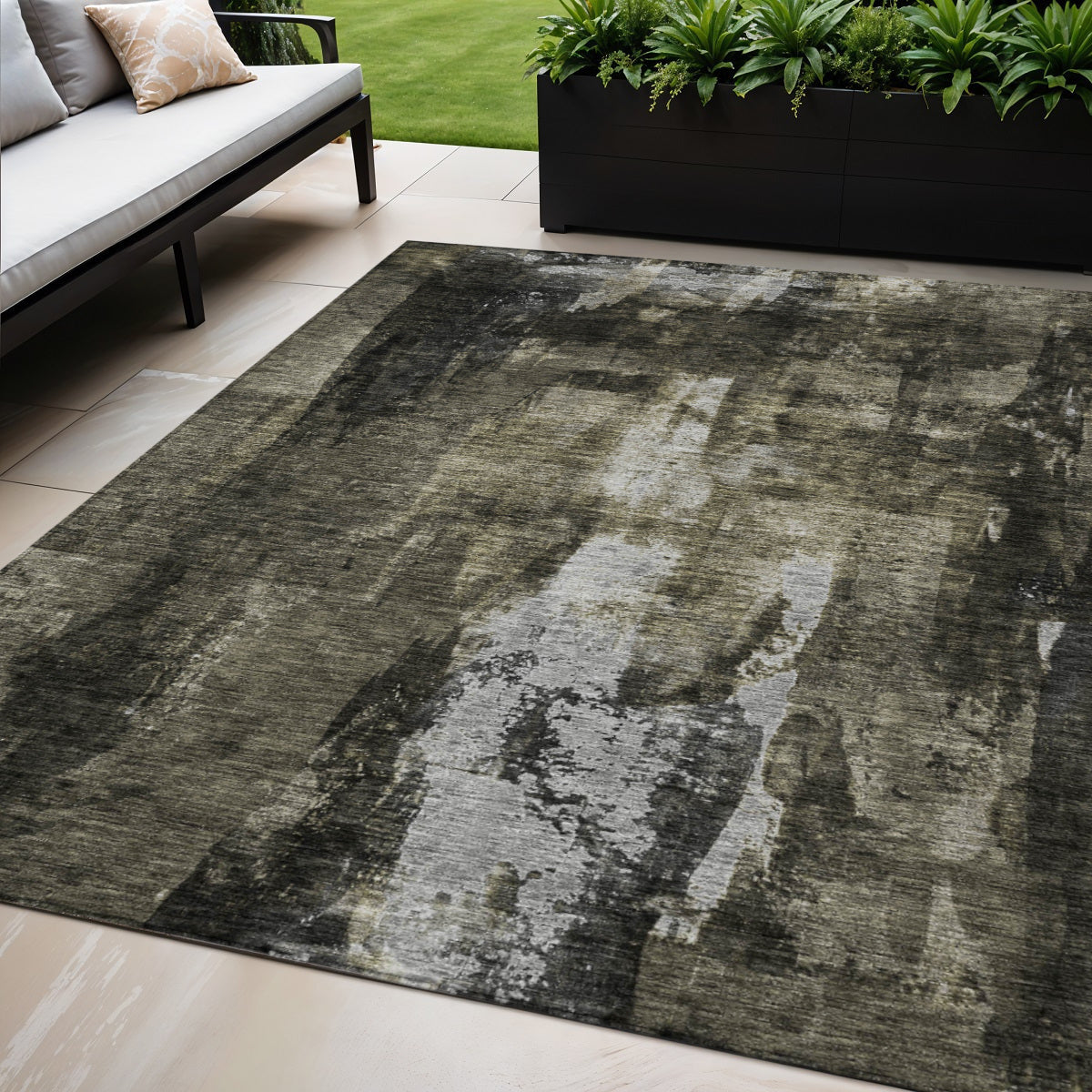 5' X 8' Charcoal And Black Abstract Washable Indoor Outdoor Area Rug