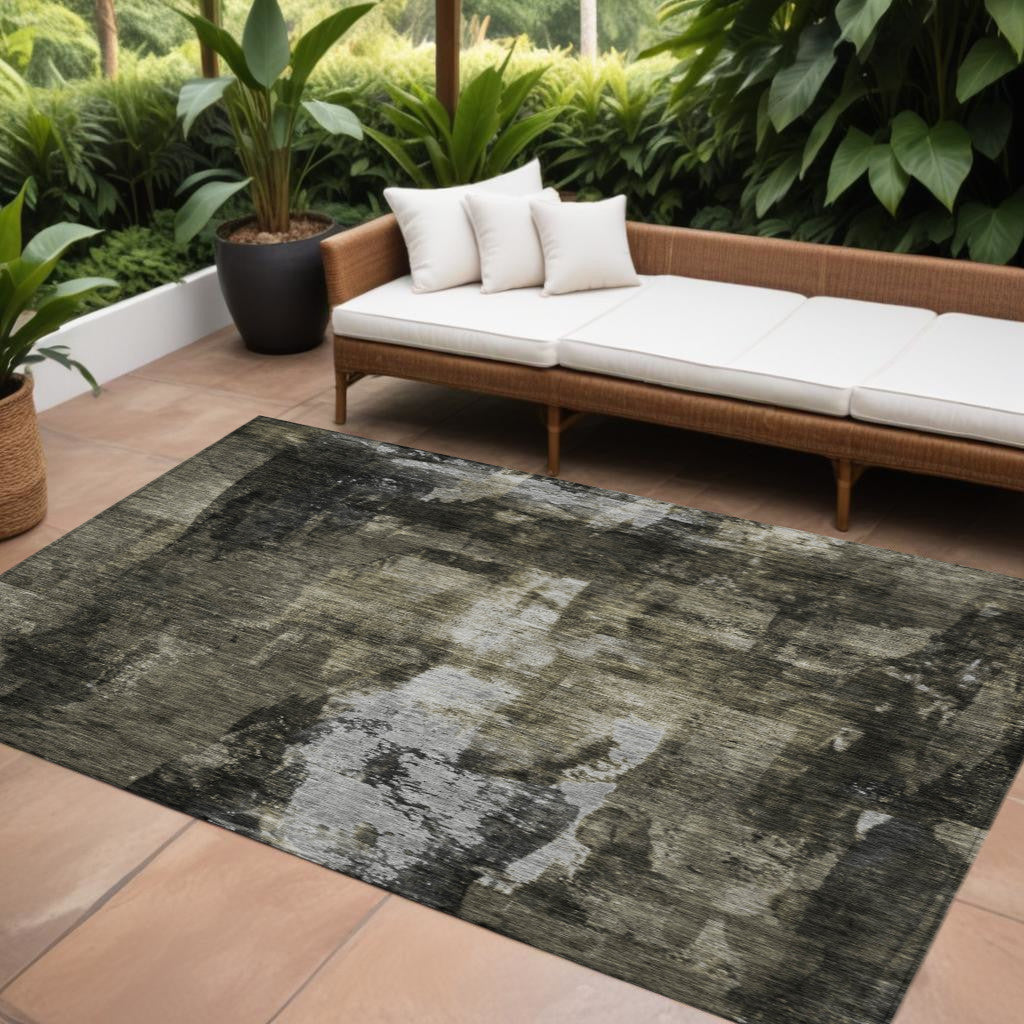10' X 14' Charcoal And Black Abstract Washable Indoor Outdoor Area Rug