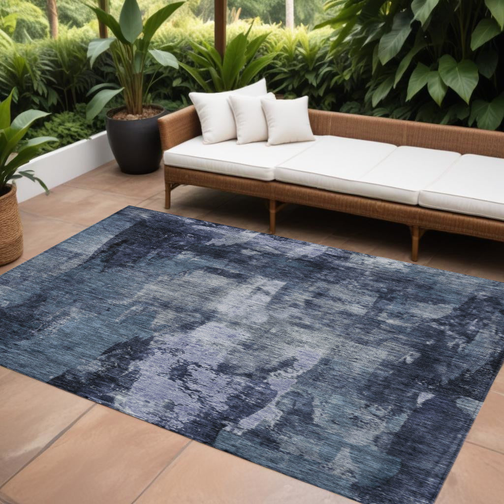 9' X 12' Navy Blue Black And Gray Abstract Washable Indoor Outdoor Area Rug