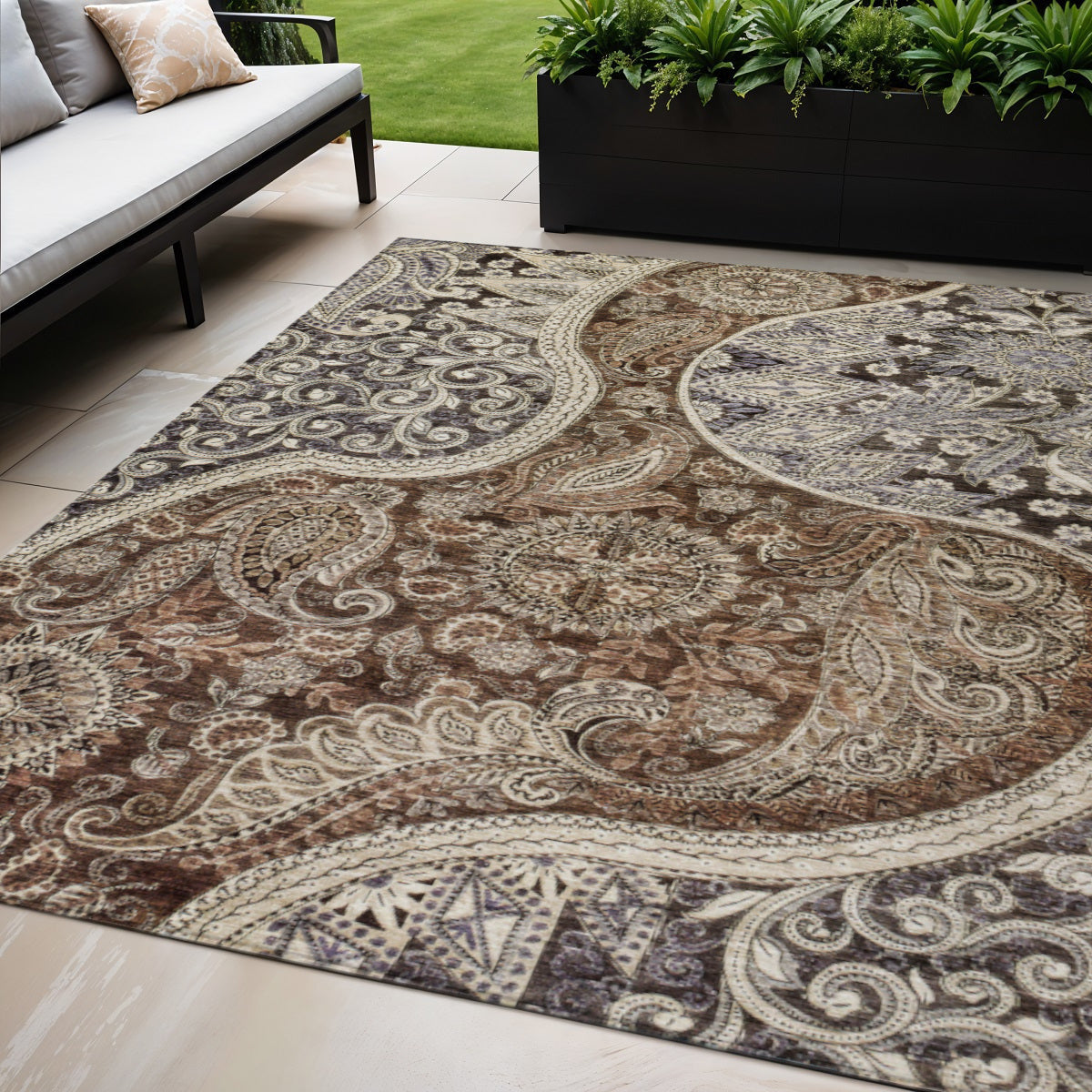 5' X 8' Brown Beige And Tan Floral Medallion Washable Indoor Outdoor Area Rug