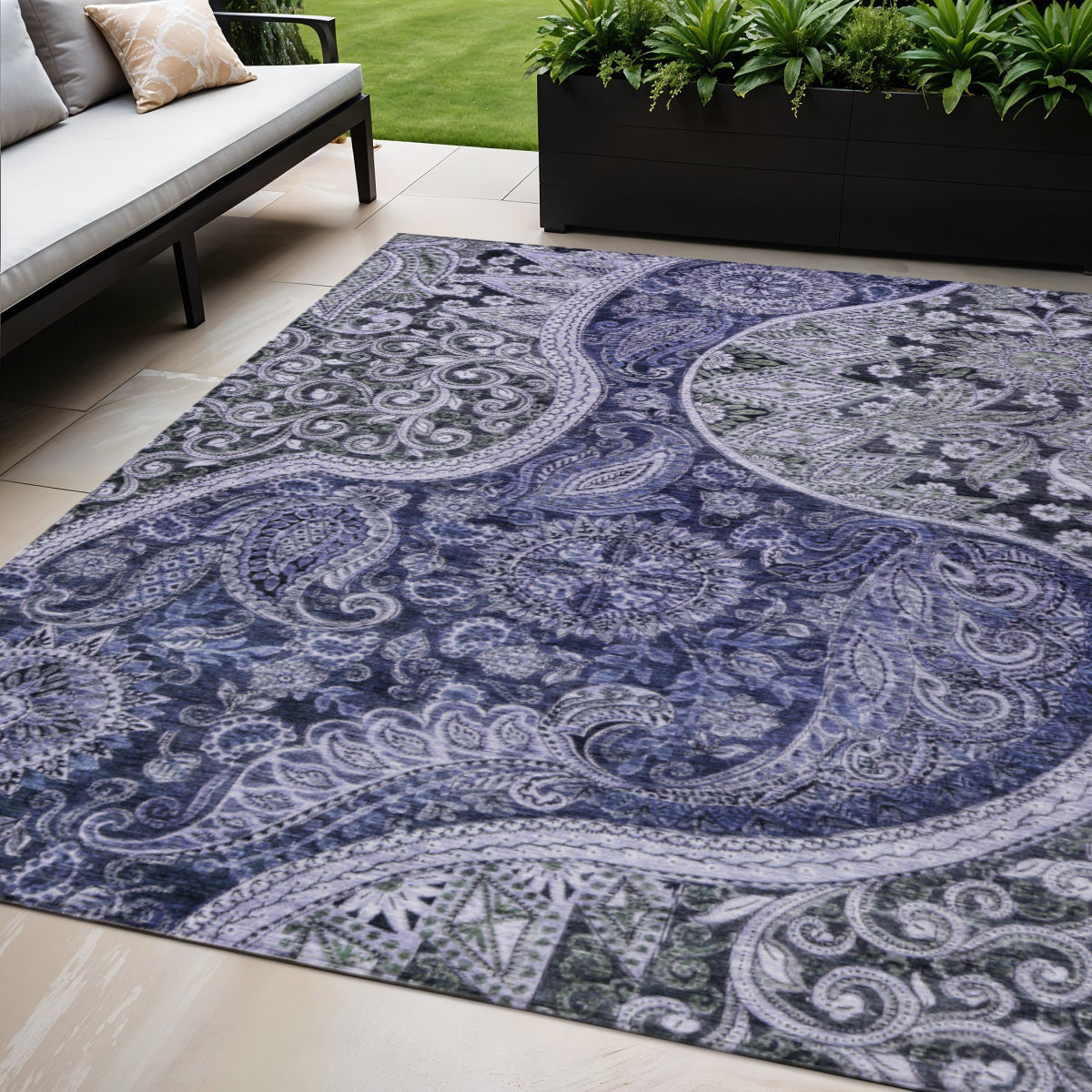 5' X 8' Navy Blue Gray And Green Floral Medallion Washable Indoor Outdoor Area Rug