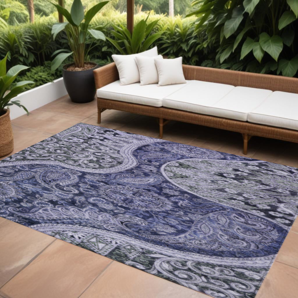 9' X 12' Navy Blue Gray And Green Floral Medallion Washable Indoor Outdoor Area Rug
