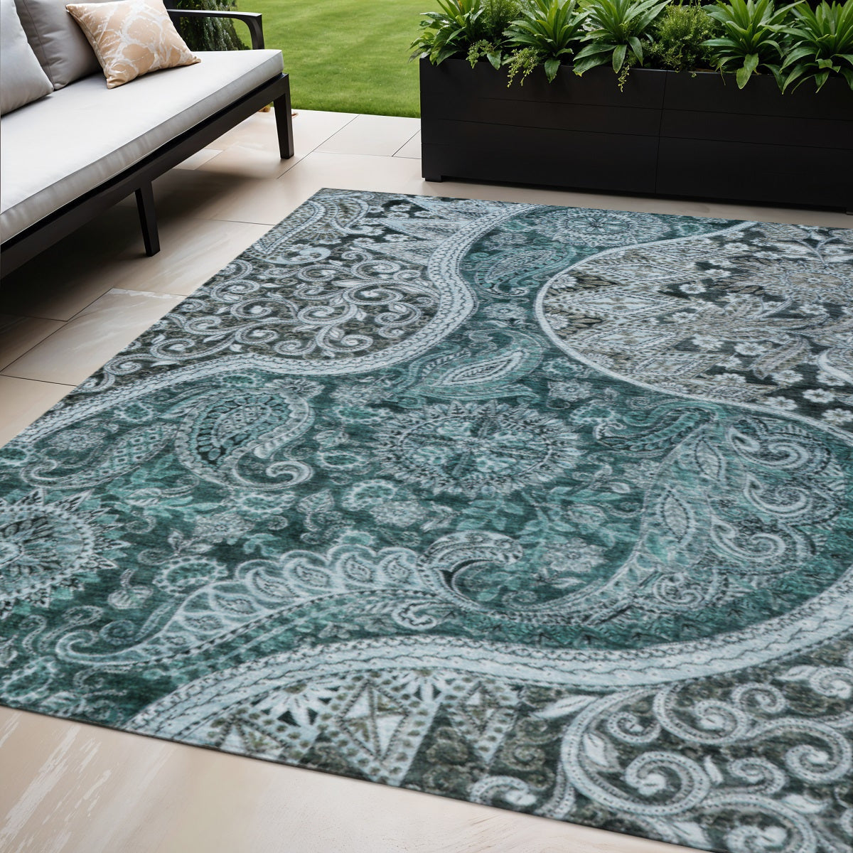 5' X 8' Teal Blue And Dark Green Floral Medallion Washable Indoor Outdoor Area Rug
