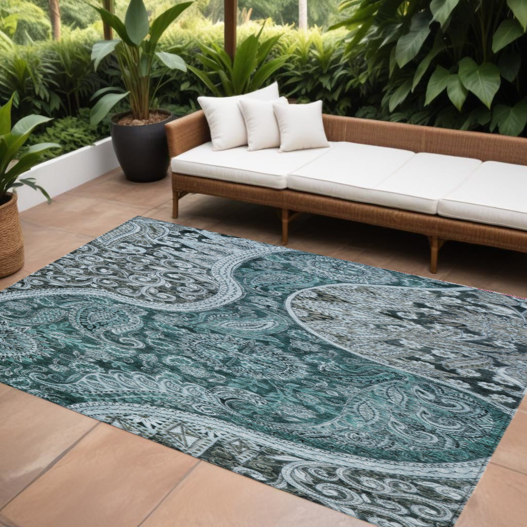 9' X 12' Teal Blue And Dark Green Floral Medallion Washable Indoor Outdoor Area Rug