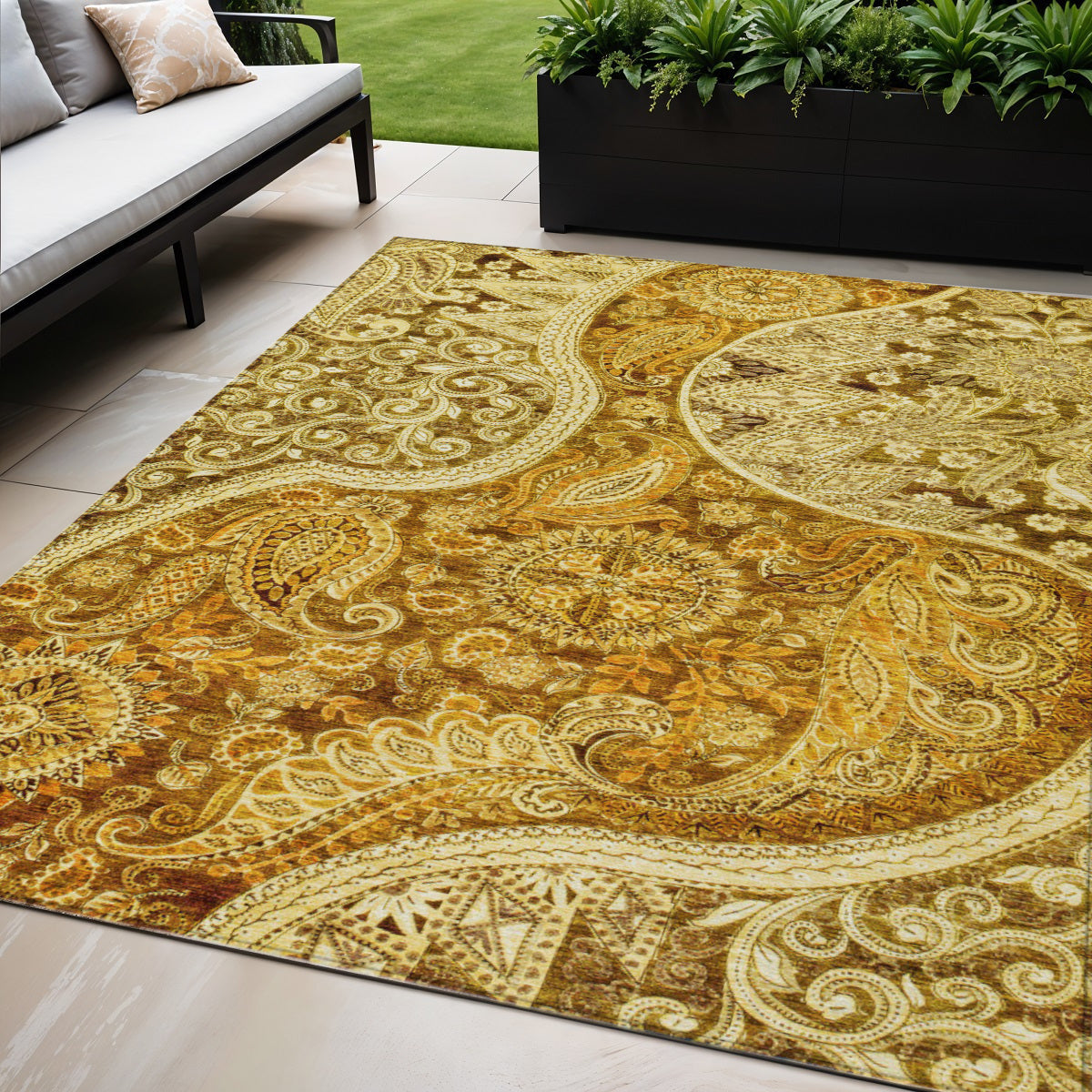 5' X 8' Terra Cotta Brown And Gold Floral Medallion Washable Indoor Outdoor Area Rug