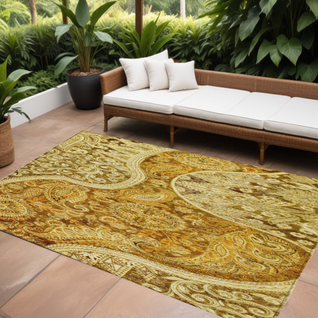 8' X 10' Terra Cotta Brown And Gold Floral Medallion Washable Indoor Outdoor Area Rug