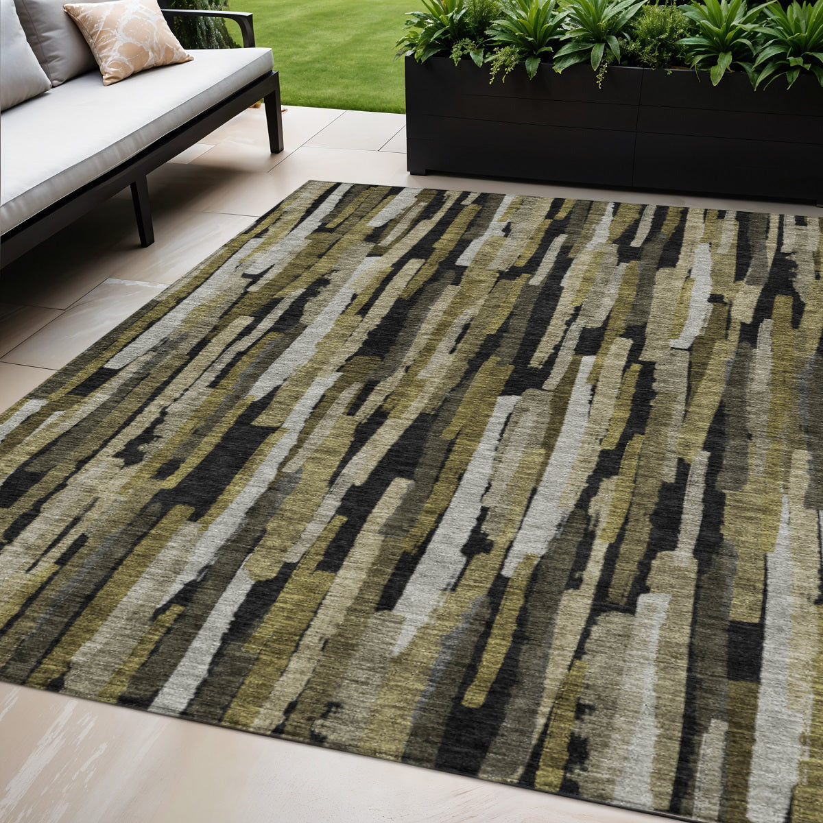 5' X 8' Brown Black And Green Striped Washable Indoor Outdoor Area Rug