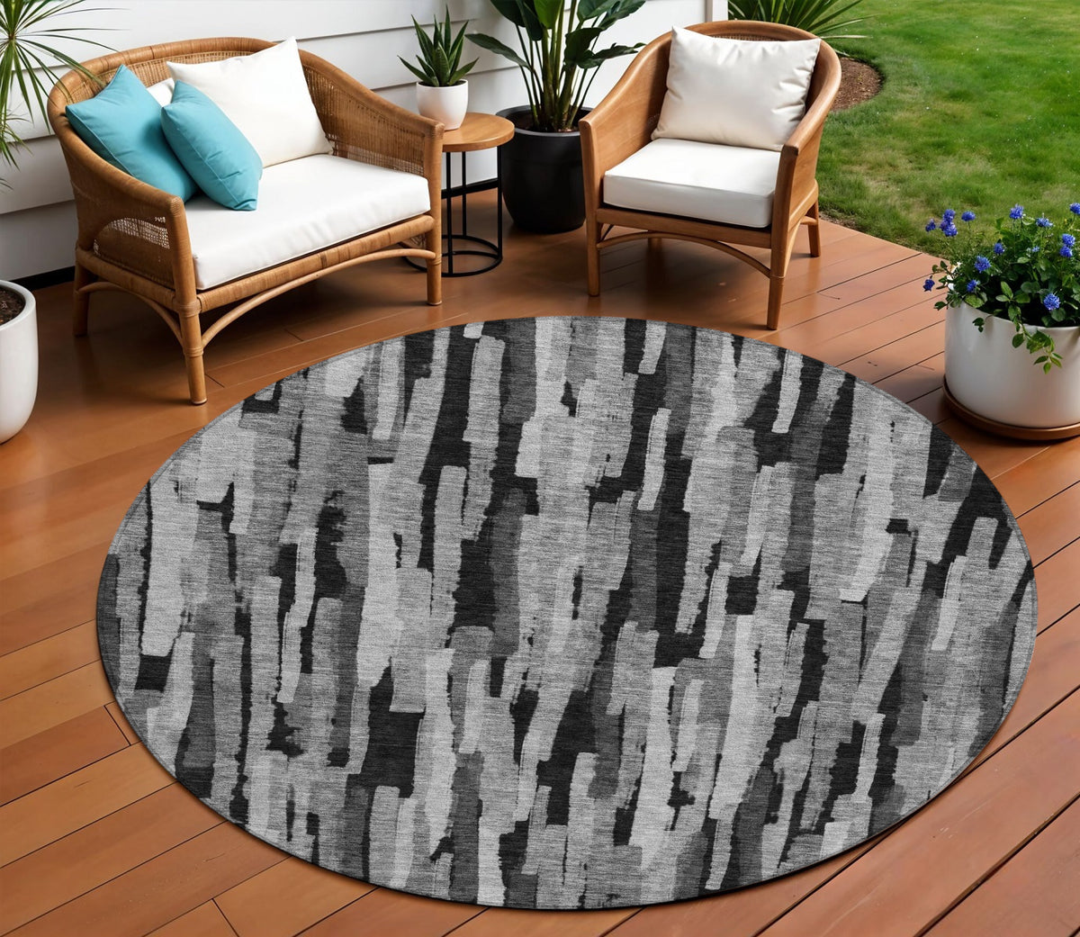 8' Gray And Black Round Striped Washable Indoor Outdoor Area Rug