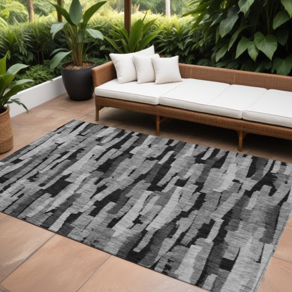 9' X 12' Gray And Black Striped Washable Indoor Outdoor Area Rug