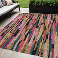 5' X 8' Pink Black And Green Striped Washable Indoor Outdoor Area Rug