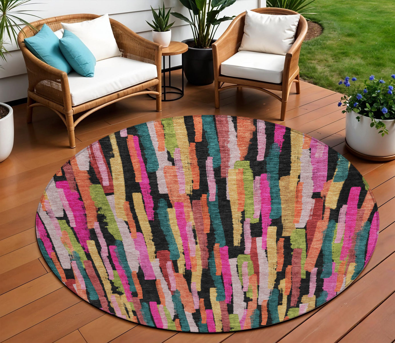 8' Pink Black And Green Round Striped Washable Indoor Outdoor Area Rug