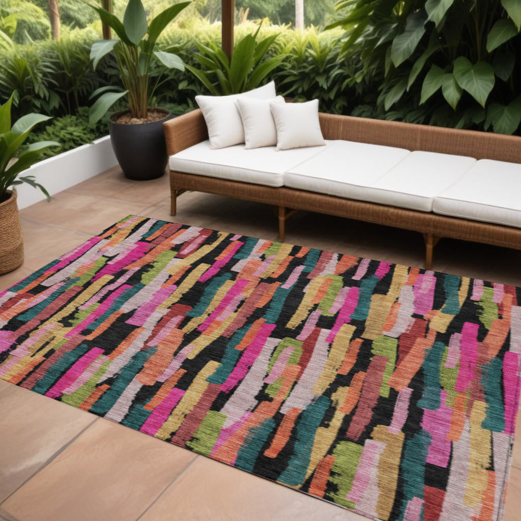 9' X 12' Pink Black And Green Striped Washable Indoor Outdoor Area Rug