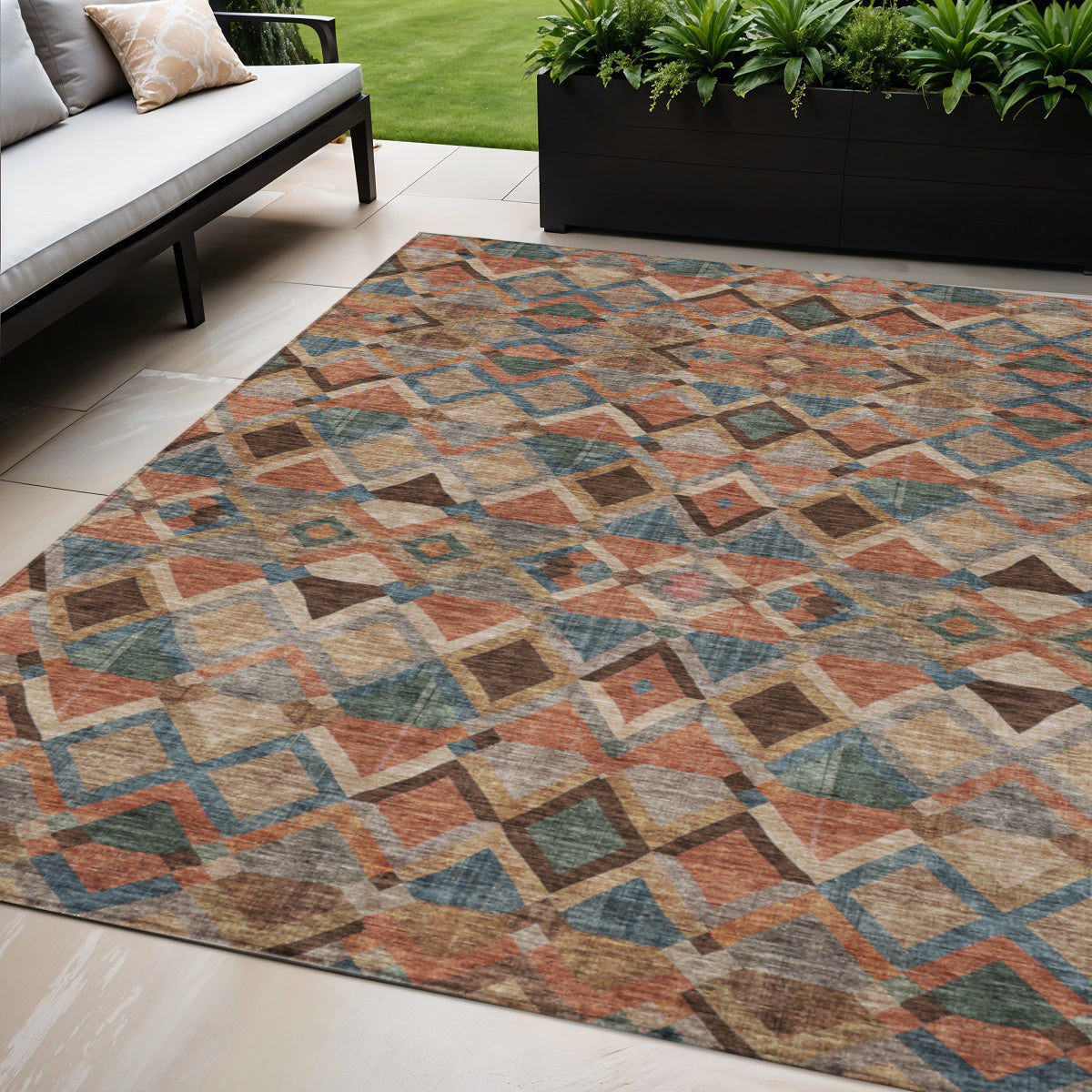 5' X 8' Brown Gray And Tan Geometric Washable Indoor Outdoor Area Rug