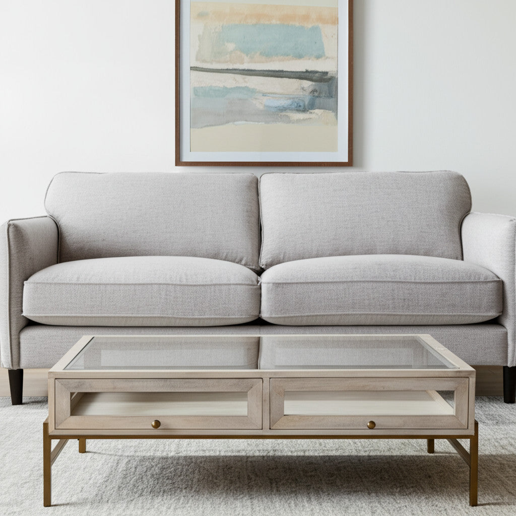 44'' Off White Clear And Gold Solid Wood Glass And Iron Storage Coffee Table