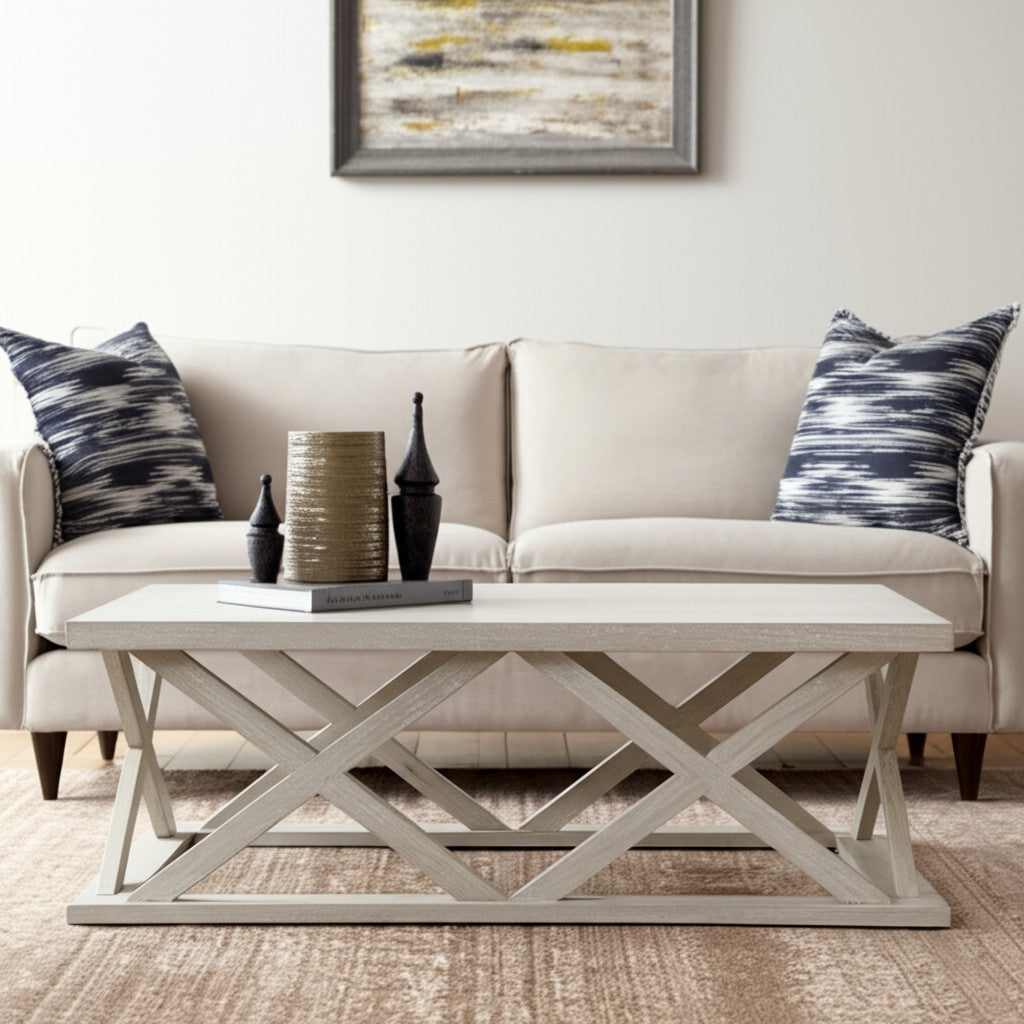 48'' Off White Solid Wood Distressed Geo Frame Coffee Table